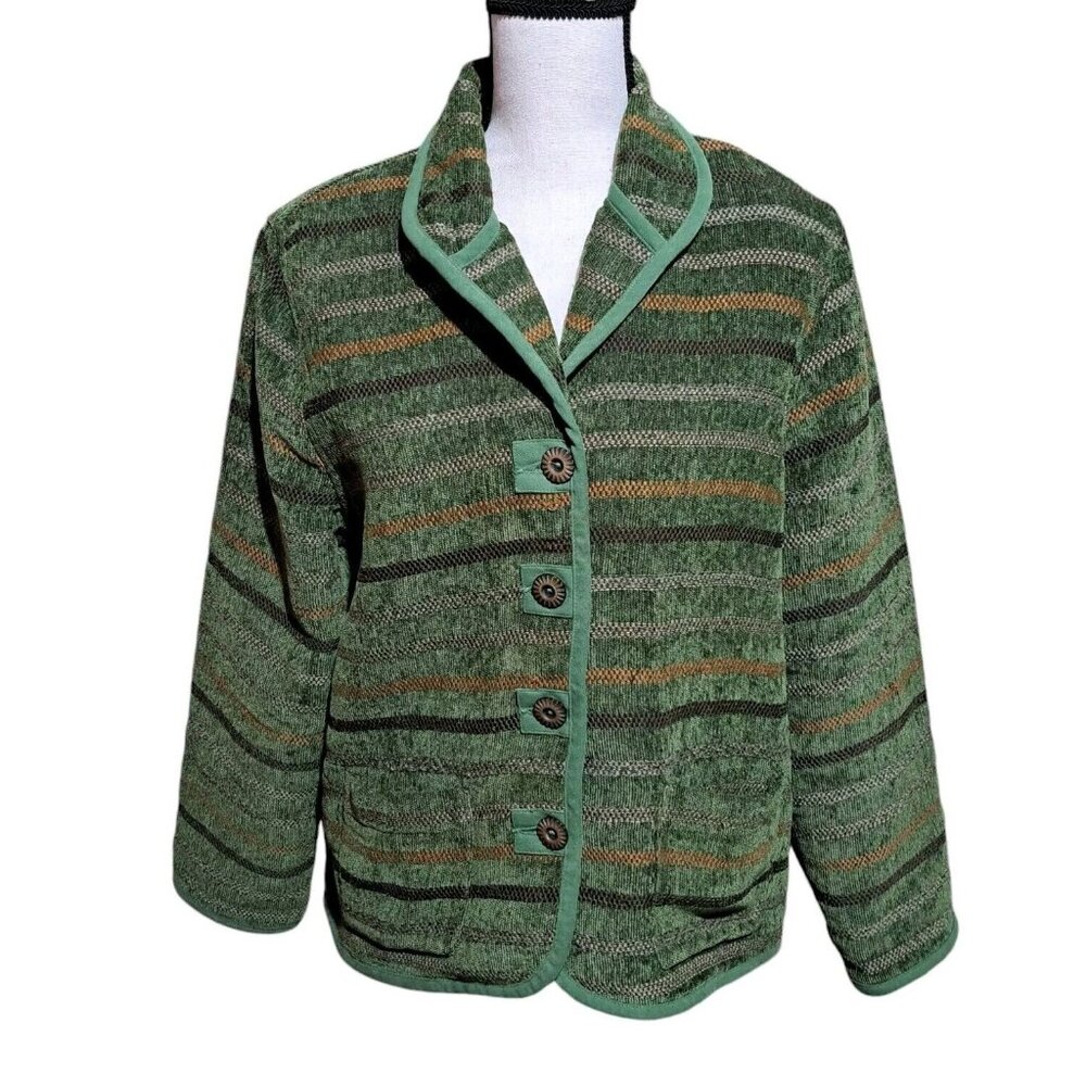 Koret Blazer Jacket Textured Striped Green Brown 2 Pocket Button Up Large Petite